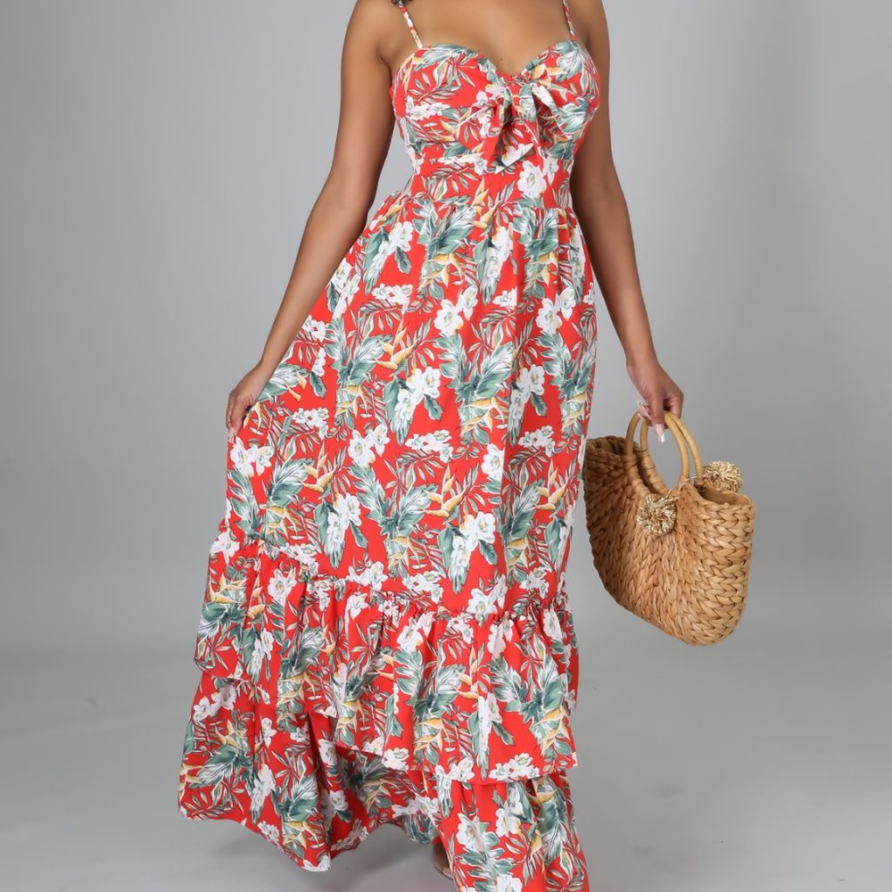 Red Tropical Print Maxi Dress